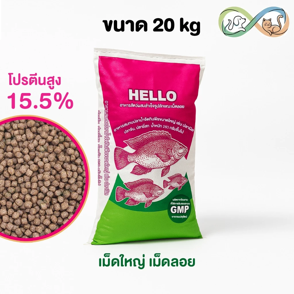 Hello อาหารปลากินพืช เฮลโล เม็ดใหญ่ โปรตีน 15.5%  อาหารปลา ขนาด 20 kg.
