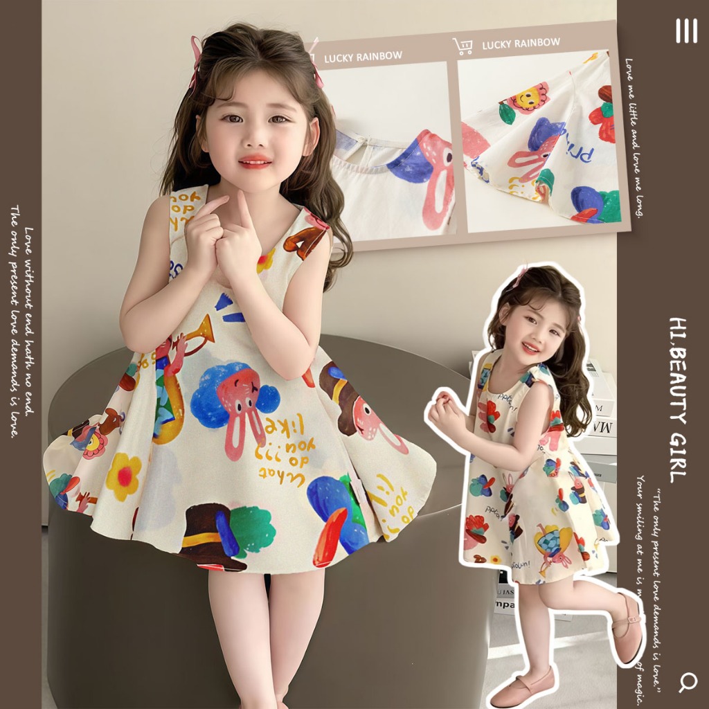 ชุดเดรสเด็กน่ารัก คอกลม ชุดกระโปรงเด็กผู้หญิงพิมพ์ลายน่ารัก แขนกุด สไตล์เกาหลี 1-12 ปี