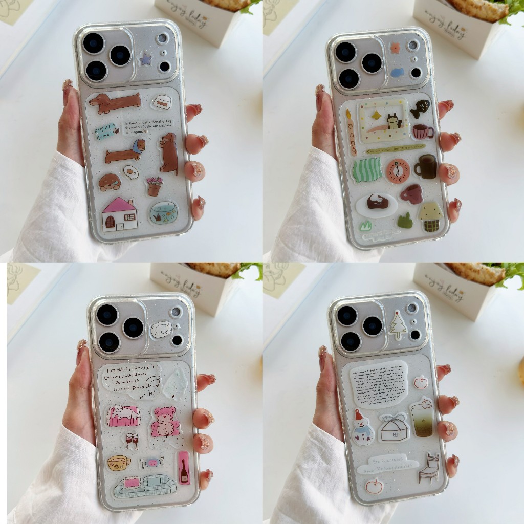 case 17promax เคสใสกากเพชร+สติกเกอร์3Dนูน เคสใสนิ่ม สำหรับไอโฟน17 pro max 16 pro max 15 pro max 14 11 12 13 pro max