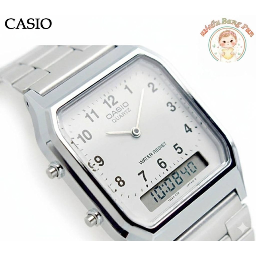 ⌚️ Casio Standard นาฬิกาข้อมือ สายสเตนเลส รุ่น AQ-230A-7b - สีเงินหน้าปัดสีขาว ตัวเลขบ่งบอกเวลา 💥
