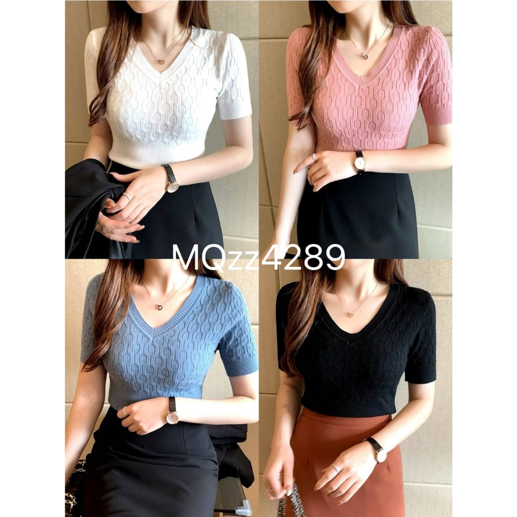MQzz4289 *พร้อมส่ง* เสื้อสเวกเตอร์ผู้หญิง ผ้าทอลาย ผ้าไหมพรมคอวี ทรงเข้ารูป Freesize