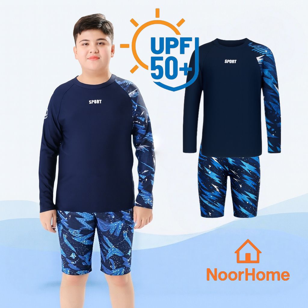 ชุดว่ายน้ำเด็กผู้ชาย เจ้าเนื้อ Plus Size แขนยาว กางเกงขาสั้น พร้อมหมวก กันแดด ระบายอากาศ ใส่สบาย [ไซส์ 140-170]