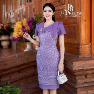PR150 เดรสผ้าฝ้ายทอลาย ยกแขน อัดกาวทั้งชุด แบรนด์ preeya มีไซส์S-4XL