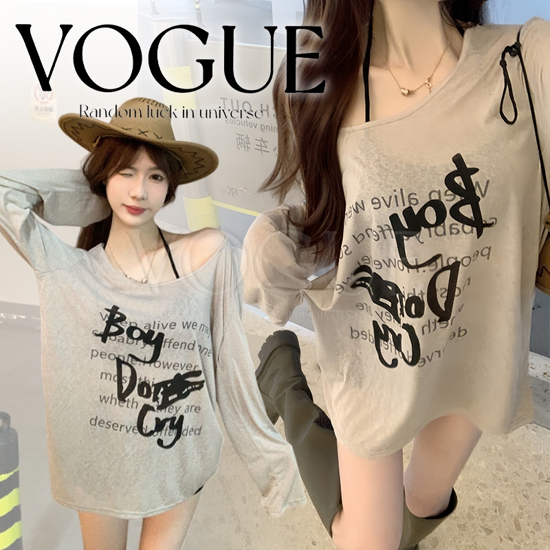 Vogue พร้อมส่ง เสื้อแขนยาว คอกลม สีกากี สกรีนตัวอักษรสีพื้นยืดพอดี ใส่ง่าย สไตล์เกาหลีa(FY2089)