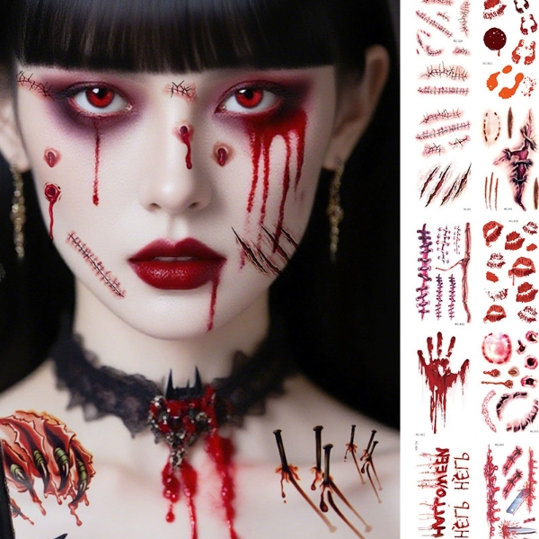 สติกเกอร์ รอยสัก ฮาลาวีน Halloween Tattoo Stickers Waterproof Horror Wound Realistic Bloodstain Scar