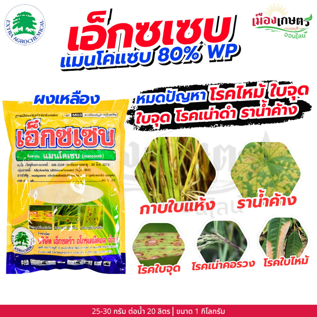 เอ็กซเซบ แมนโคเซบ 80% ขนาด 1 กิโลกรัม กำจัดโรคพืช ป้องกันโรคพืช กุ้งแห้งในพริก โรคราแป้ง ราดำ ราสนิม ราน้ำตาล
