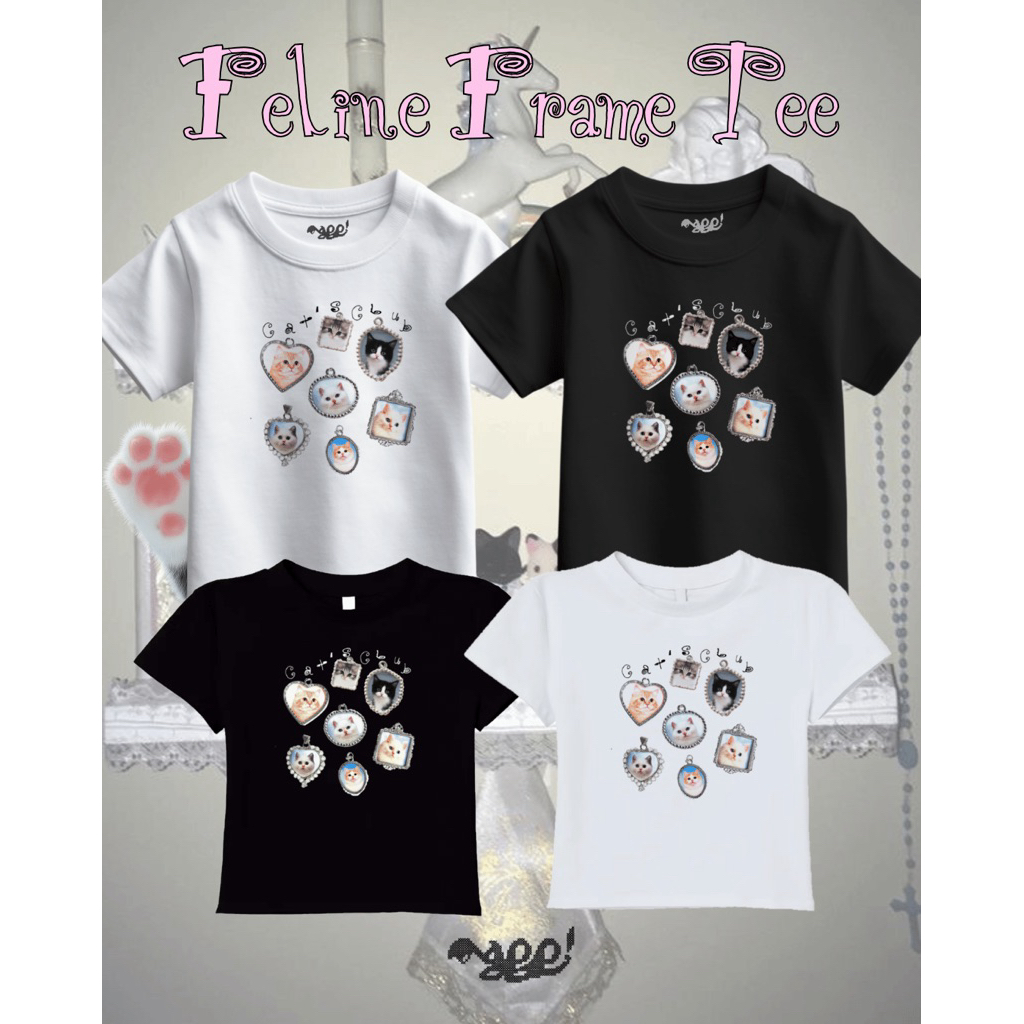 Mappi Feline Frame Tee เสื้อยืดลายแมว สไตล์เกาหลี ผ้าคอตตอน 100% Baby Tee / Freesize / Oversize แฟชั