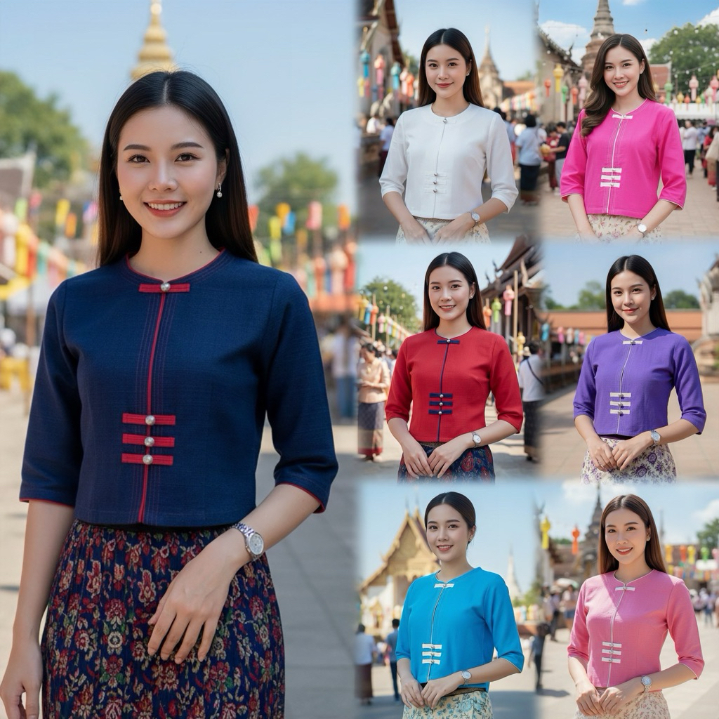 เสื้อพื้นเมืองผู้หญิงคอกลมผ่าหน้าแต่งแถบหูกระดุมโชว์