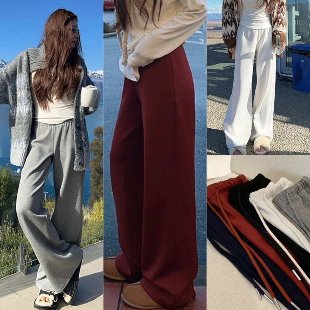 ❤ 🧵 🇰🇷 W7777 กางเกงขายาว เอวสม็อคมีเชือก ทรงขาบาน ผ้ายืดหยุ่นได้ดี นิ่มใส่สบาย แฟชั่นเกาหลี TAG WG.W