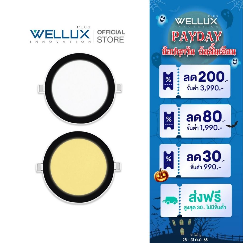 [ขอบดำ]WELLUX โคมไฟดาวน์ไลท์อลูมิเนียมฝังฝ้ารุ่นบาง 9W 15W แสงขาว แสงวอร์ม LED Downlight Panel light