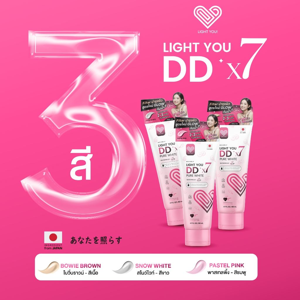 [แบบหลอด] โลชั่น กันแดด DDX7 มี 3สูตร Light You DD X7 Pure White Body Cream บำรุงผิวขาว กันน้ำ 80ml.