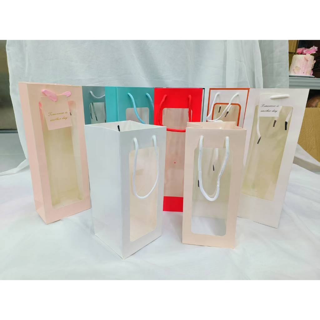 (999bag) ถุงกระดาษหูหิ้วหน้าใส ทรงสูง ใส่ขวดไวน์ ใส่เเก้วน้ำ ราคาถูก พร้อมส่ง