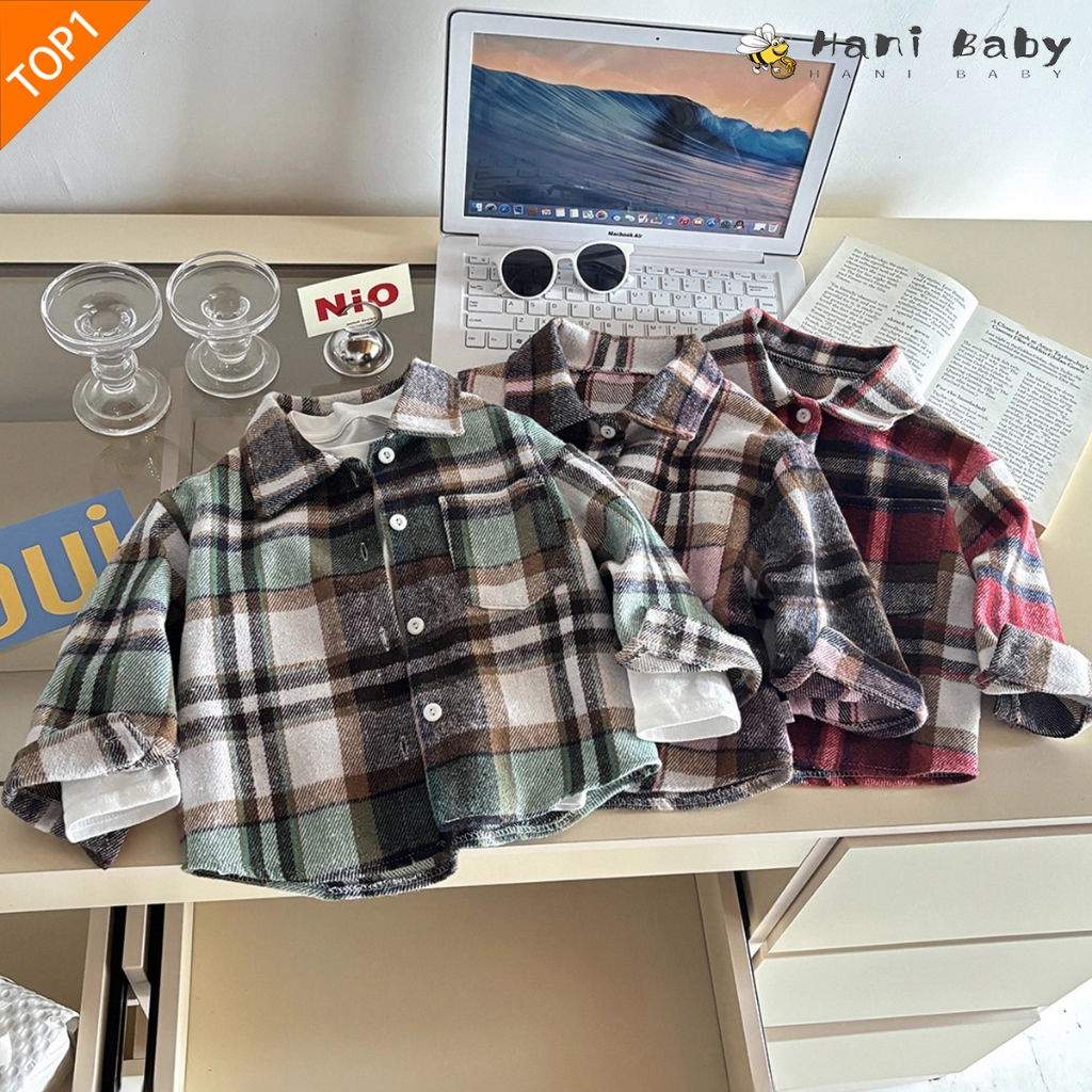 เสื้อเชิ้ตแขนยาวเด็ก เสื้อเชิ้ลายสก๊อตสำหรับเด็ก เสื้อแจ็คเก็ตคอปกเด็ก แบบเรโทร