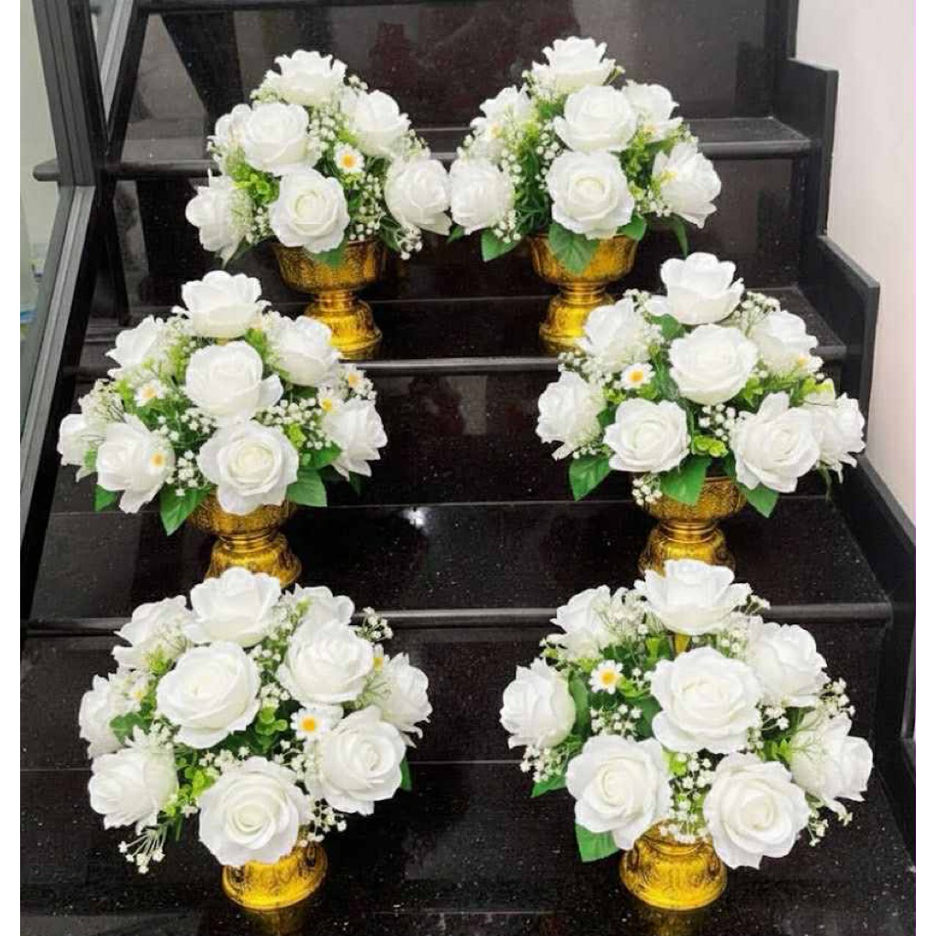 พานพุ่มดอกไม้ พานดอกไม้ พานดอกไม้ประดิษฐ์ พานดอกไม้วางโต๊ะหมู่ พานดอกไม้ไหว้พระ พานกว้าง 12 ซม.