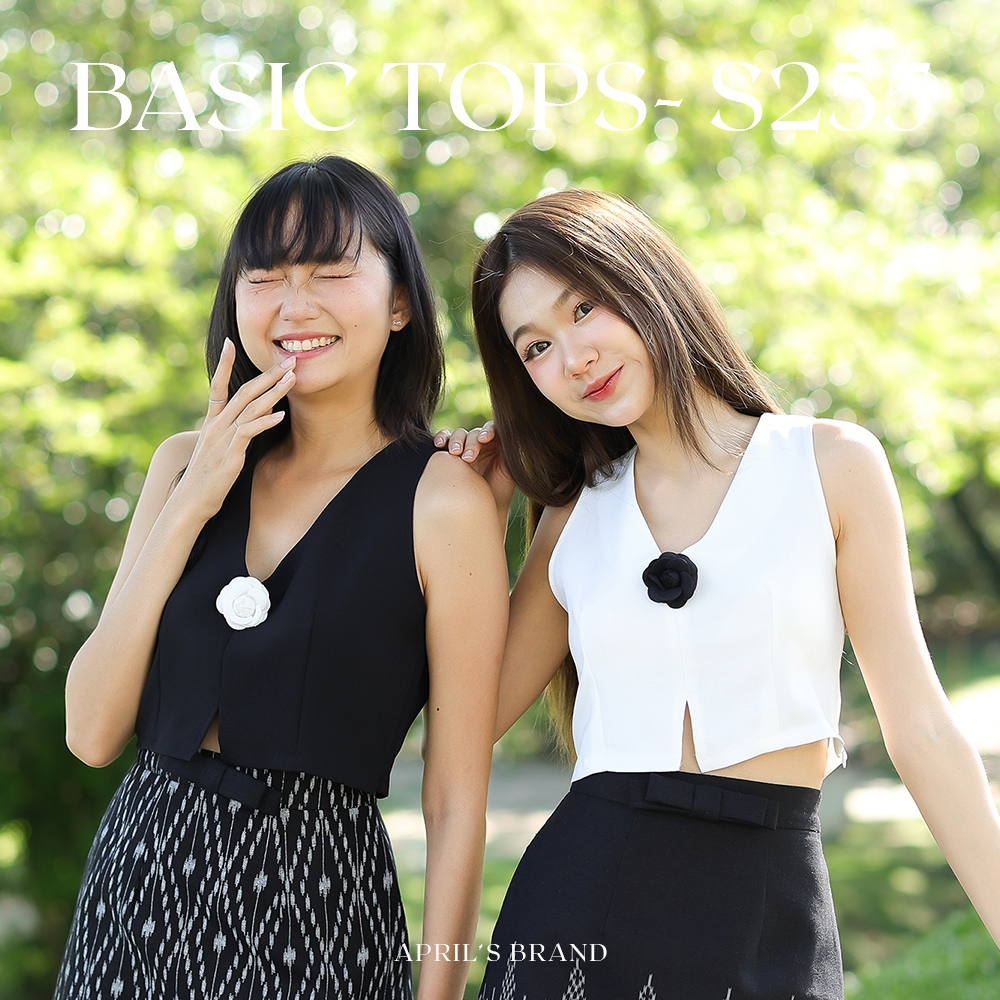 APRIL'S | Basic tops - S255 เสื้อครอปแขนกุด+เข็มกลัดดอกกุหลาบ