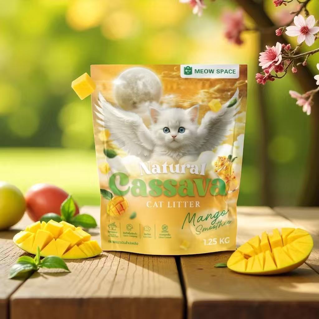 Meow Space ทรายแมวมันสำปะหลัง กลิ่นมะม่วงสมูทตี้ 1.25กิโล ทรายแมวไร้ฝุ่น จับก้อนทันที ไม่ติดกะบะทราย