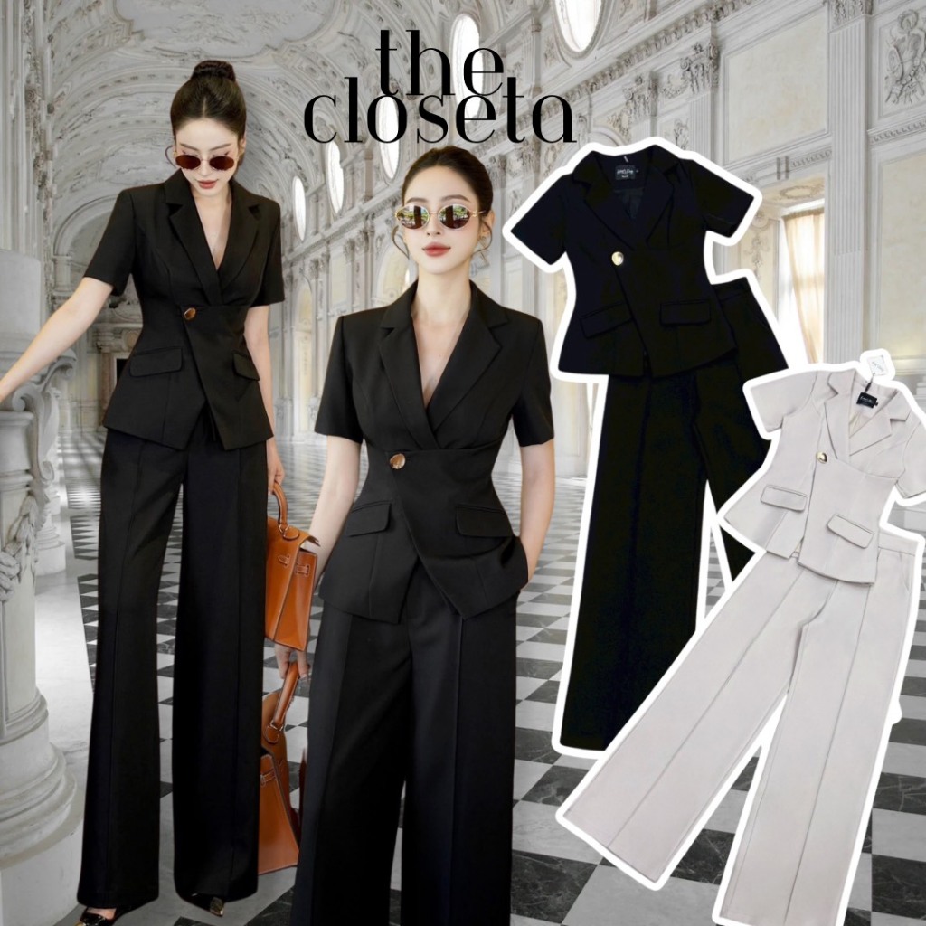 THE CLOSETA : LV301 ชุดเซ็ทเสื้อคอปกแขนสั้น แต่งกระดุมทองพร้อมกางเกงขายาว