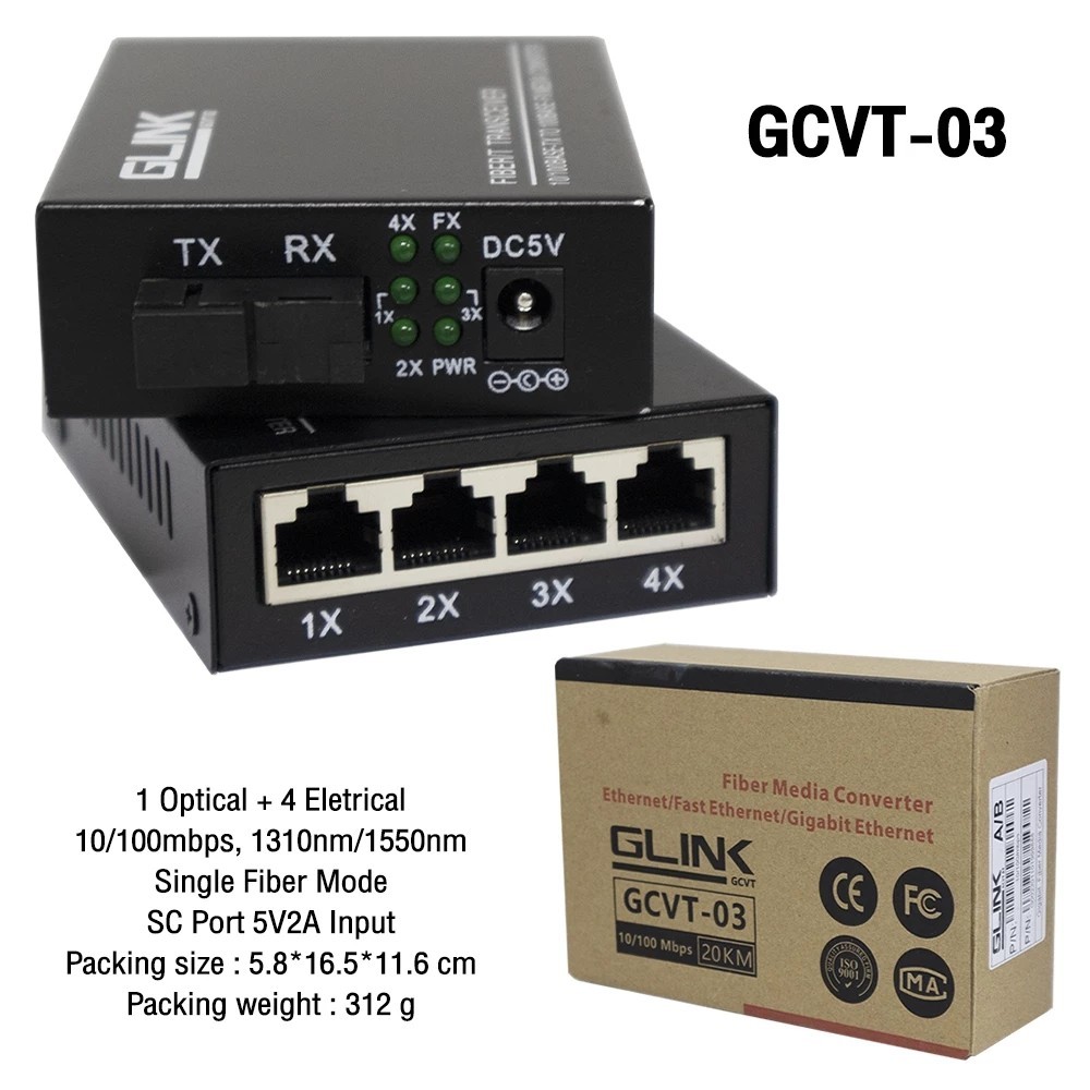 GLINK FIBER VIDEO Ethernet Media Converter ( 3KM / 20KM / 25KM ) รุ่น GCVT-03 / GCVT-04 / GCVT-07 / 