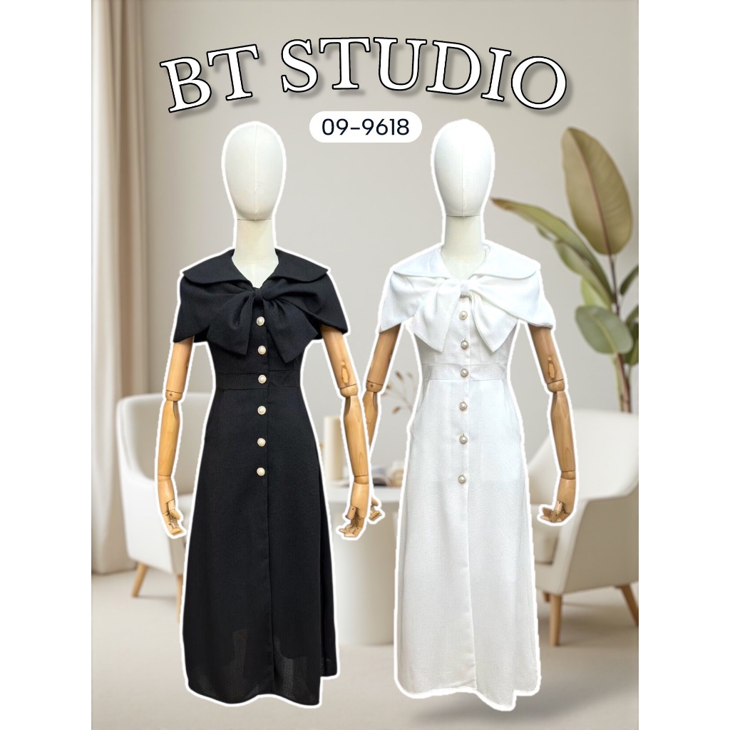 BT 09-9618  เดรสยาว แขนสั้น ช่วงคอคลุมไหล่แต่งโบว์ด้านหน้า กระดุมหน้า กระเป๋าใช้งานได้จริง