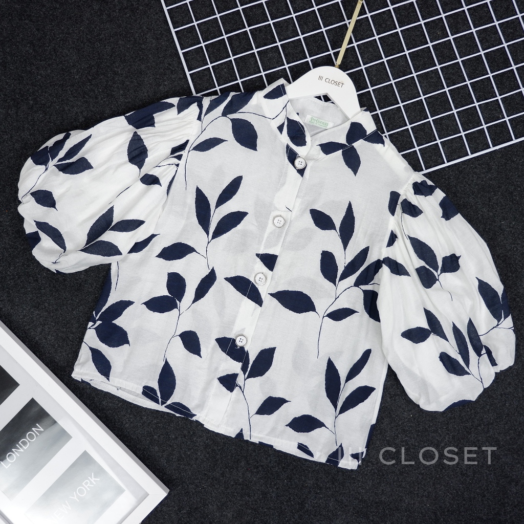เสื้อเชิ้ตคอจีน lll Freesize lll TUM005 พิมพ์ลายใบไม้ กระดุมหน้า แขนบอลลูน เนื้อผ้าอย่างดี ใส่สบาย