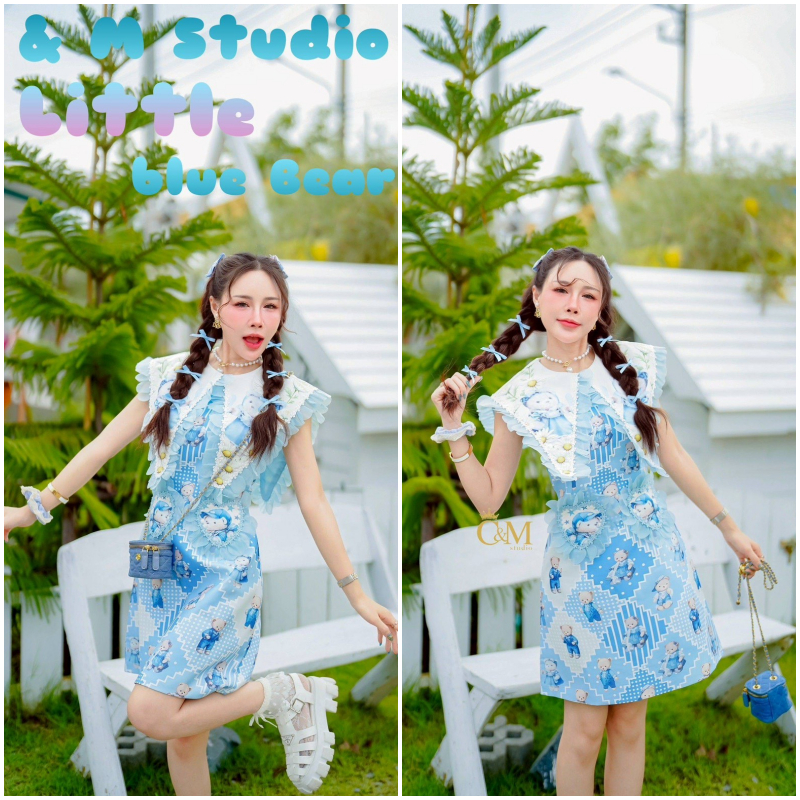 [ป้าย TAG: C&M Studio] เดรสสีฟ้าพิมพ์ลายน้องหมี คอปกแหลม A743