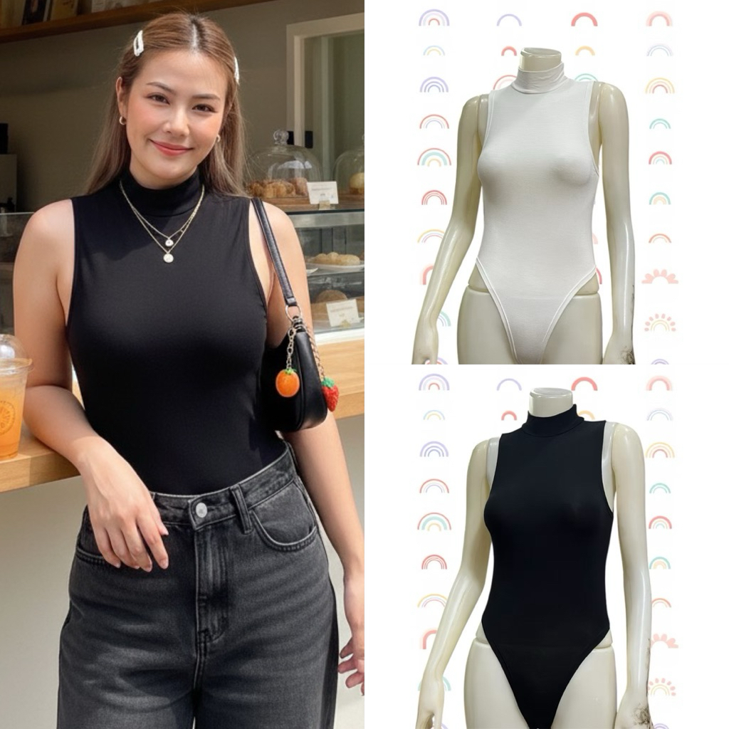 Sns403🎁บอดี้สูท🎁สุดเซ็กซี่🎁แขนกุดคอเต่า🎁ผ้าเรย่อน