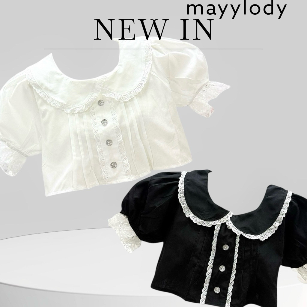 💓mayylody💓 ครอปท็อป / เสื้อคอปก แขนสั้น เเต่งระบายลูกไม้ตัดขอบเเน่นๆ กระดุมเพรช สไตล์เวียดนาม  สุดฮิต🌷🪞🌤️🍃เสื้อครอป ครอป