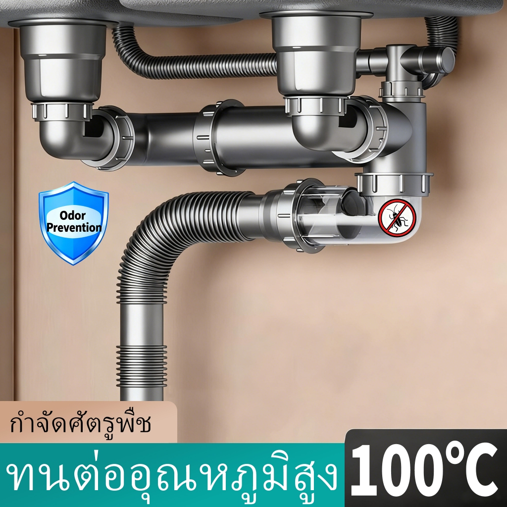 ครัว อ่างล้างหน้าคู่ ท่อระบายน้ำ ป้องกันการอุดตัน ทนต่ออุณหภูมิสูง การป้องกันแมลงเตียง