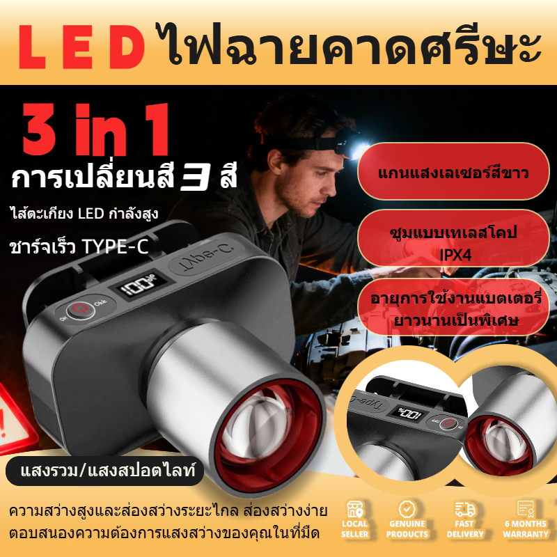 LED ไไฟฉายคาดหัวกันน้ำได้  แสงสีขาว + แสงสีเหลือง + แสงสีน้ำเงิน การแสดงระดับแบตเตอรี่  ประสิทธิภาพและความทนทานสูง  ตกป