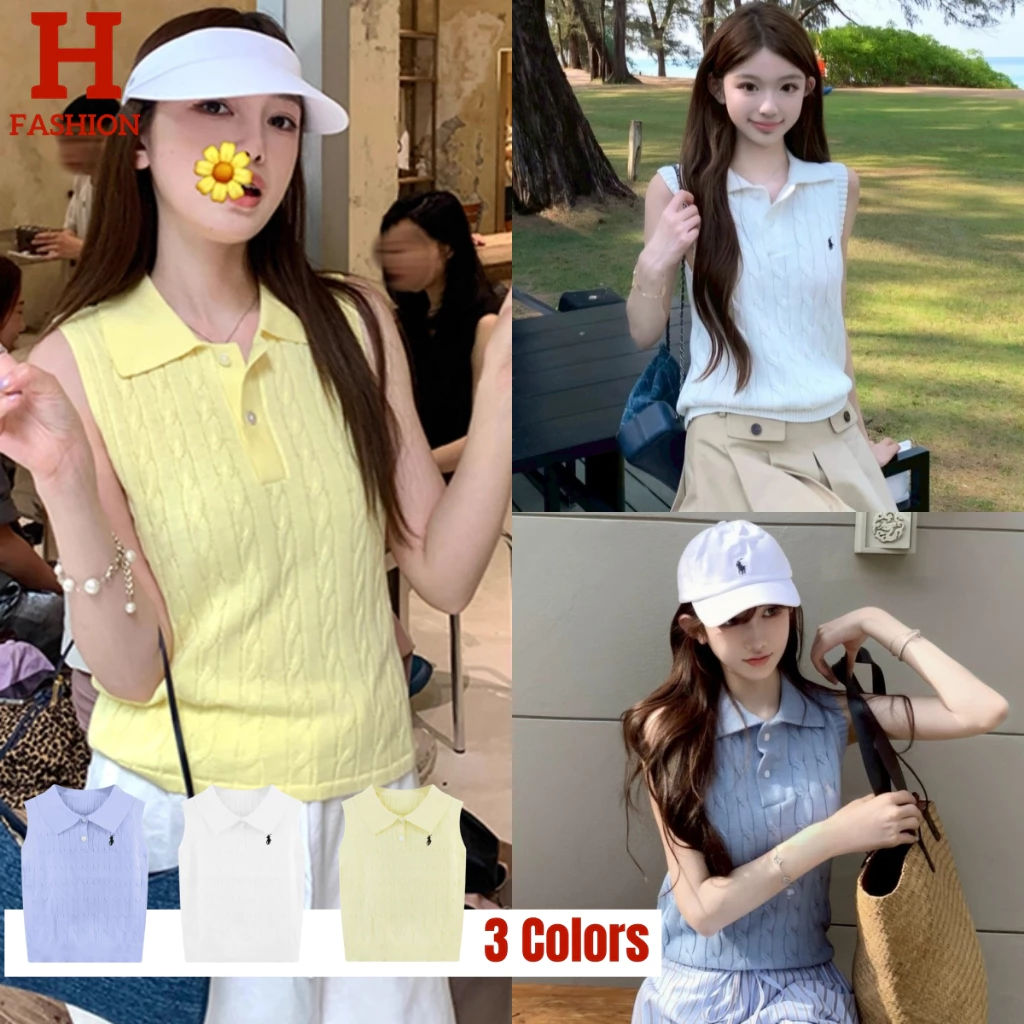Hot พร้อมส่ง เสื้อกล้ามไหมพรม คอปก สไตล์เกาหลี สีพาสเทลใส่ง่าย W-J074