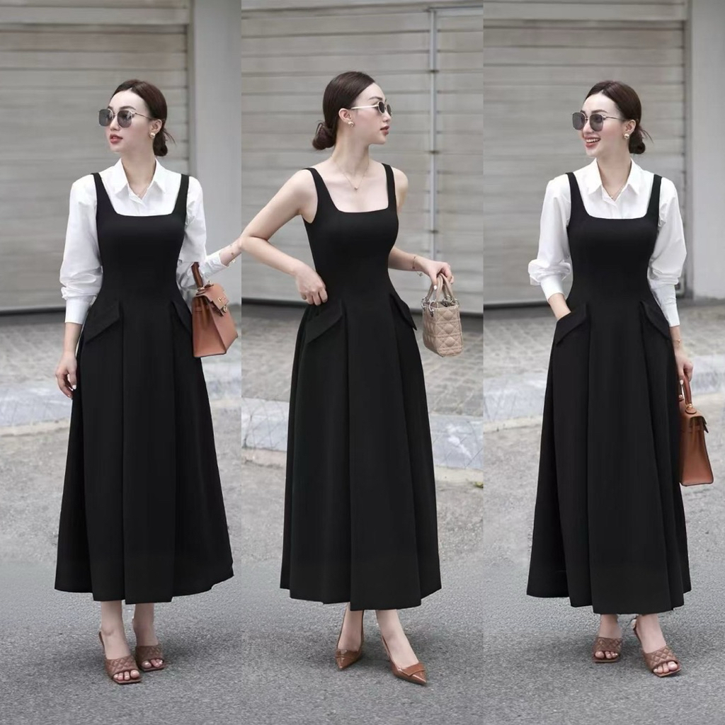 TC Set 2 ชิ้น เดรสยาว+ เสื้อครอปแขนยาว  เดรสยาวสีดำคอเหลี่ยม (อกมีฟองน้ำ) ช่วงกระโปรงจับจีบคลายๆ