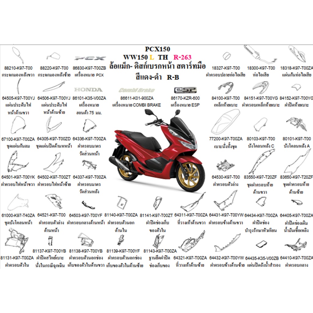 ชุดสี PCX2020 WW150 L TH สีแดง-ดำ R-B ล้อแม็ก-ดิสก์เบรกหน้า สตาร์ทมือ อะไหล่ HONDAแท้ 100% ชุดสีPCX2