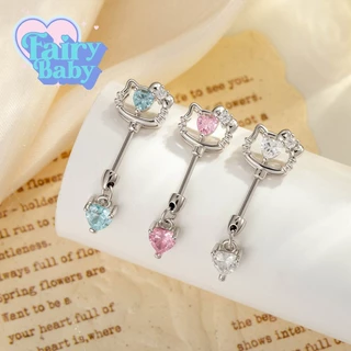 Fairybaby จิว Pink Kitty Vertical ( 1 ชิ้น ) แป้นแบน จิวตุ้มหู แนวตั้ง แมว เหมียว สีชมพู 0.8 (J3-097)