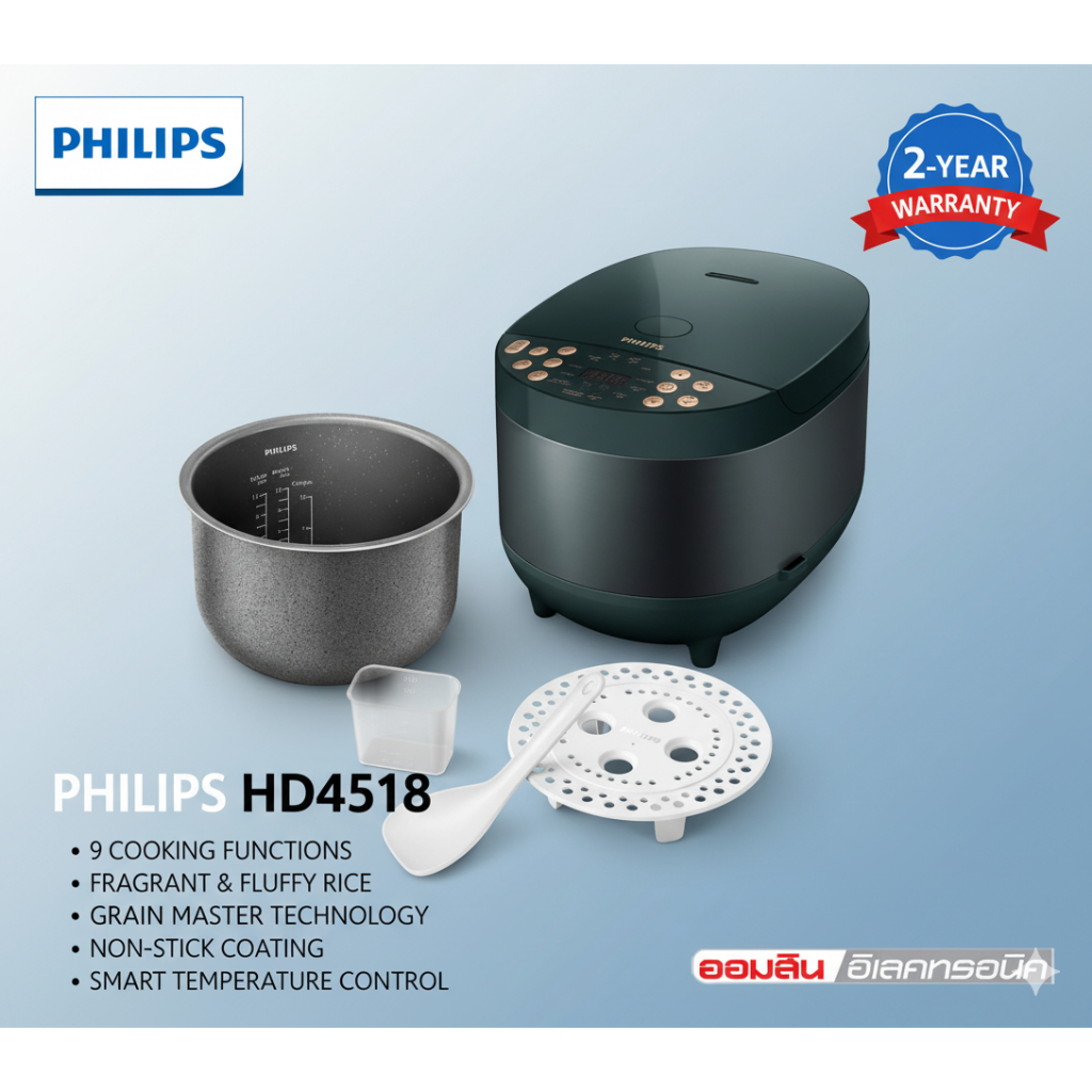 Philips หม้อหุงข้าว  Digital Rice Cooker รุ่น HD4518 ที่สุด 18 โปรแกรมได้ง่ายเพียงสัมผัสเดียว
