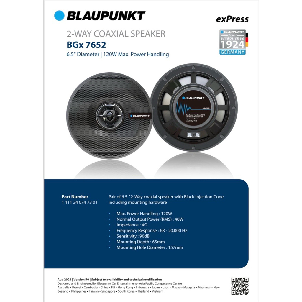 ราคาคู่ละ  719บาท ลำโพงแกนร่าม 2ทาง 6.5“ ยี่ห้อ  Blaupunkt รุ่น BGX7652 ติดรถยนต์
