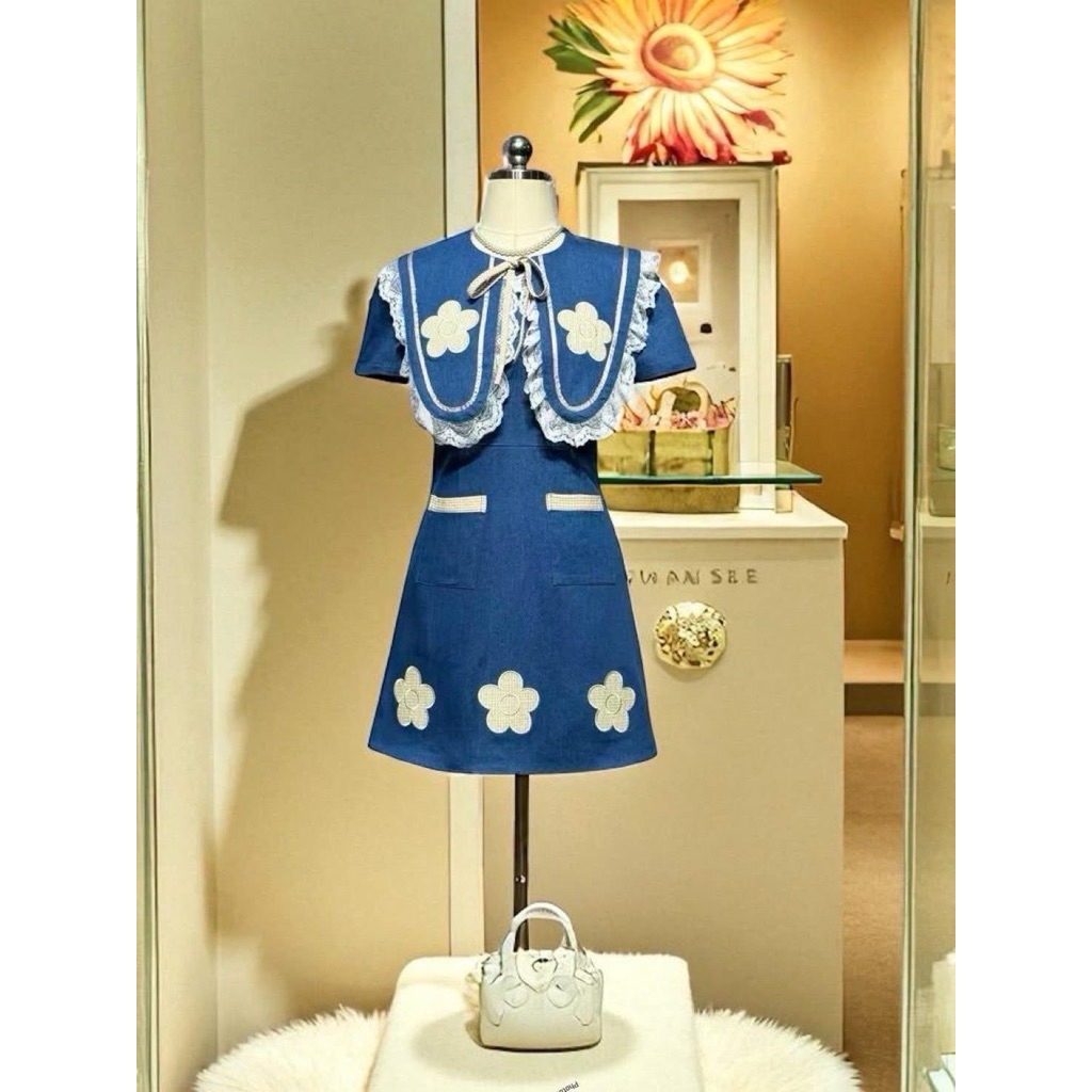 (หน้สผ้าเล็ก ยืดตรงไซส์ ไใ่ชอบแน่นเพิ่มไซส์) เดรสยีนส์ คอปก ปักดอกไม้ น่านัก งานป้าย chalita