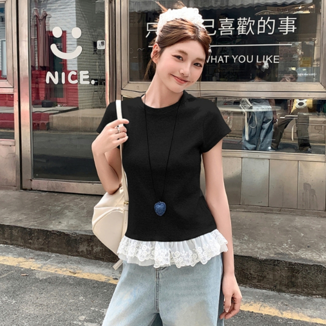 เสื้อยืดผู้หญิงผ้าลูกไม้ฝรั่งเศสแขนสั้น สไตล์หวาน คอกลม