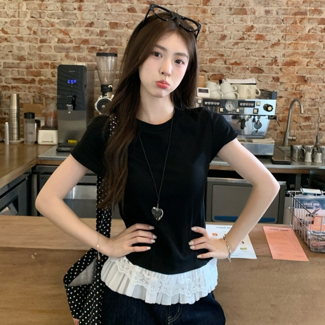 เสื้อยืดผู้หญิง แขนสั้น แต่งระบายลูกไม้ สไตล์บัลเลต์ ทรงสวย