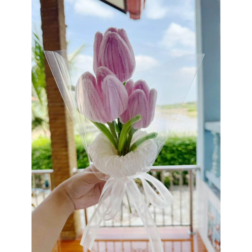 ช่อดอกทิวลิป 4 กลีบ 3 ดอกต่อช่อ - ดอกไม้ลวดกำมะหยี่