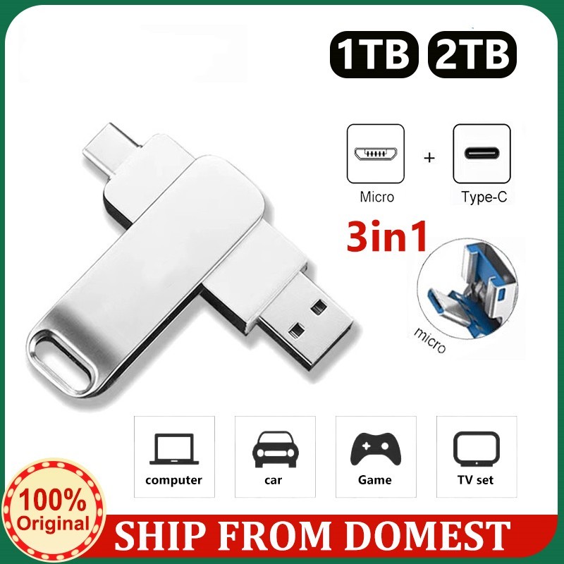 FlashDrive 3in1แฟลชไดรฟ์โลหะความเร็วสูง 2TB 1TB flashdisk Type-C แบบ Dual Otg Usb 3.0 สําหรับแฟลชไดร