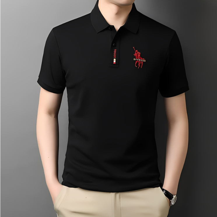 🔥COD🔥เสื้อโปโลใหม่ผู้ชายแขนสั้นปักสีทึบสบาย ๆ สไตล์ธุรกิจ 5 สีผู้ชายแฟชั่นเสื้อโปโลผู้ชายรอบคอเสื้อโปโล สีดำ สีขาว