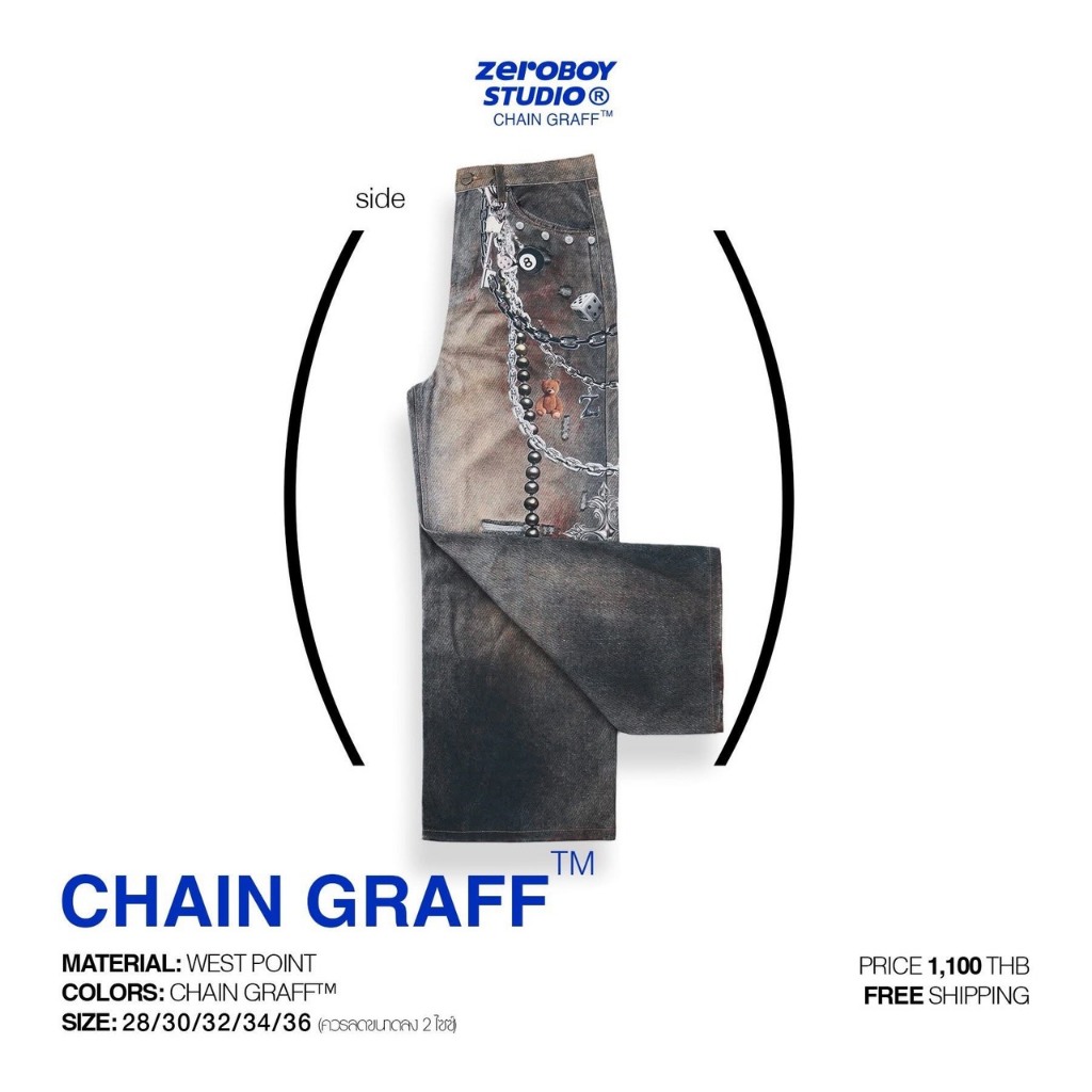 ZEROBOY STUDIO — CHAIN GRAFF™ กางเกงเดนิมสไตล์สตรีทผสานลวดลายโซ่