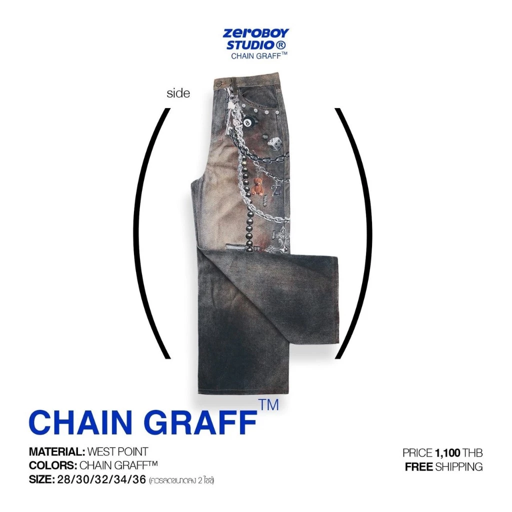 ZEROBOY STUDIO — CHAIN GRAFF™ กางเกงเดนิมสไตล์สตรีทผสานลวดลายโซ่