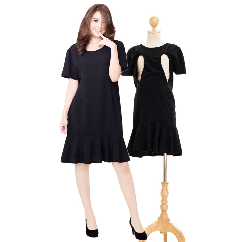 พร้อมส่ง!! ชุดให้นมสีดำ ชุดคลุมท้องสีดำ Muko Erica DZ29 ชุดโทนสีสุภาพ ชุดทำงานสีดำ