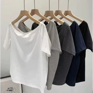 เสื้อเเขนสั้น คอกว้าง เสื้อยืดผู้หญิง สีพื้น ผ้านิ่มมาก เข้ากับทุกสไตส์ เสื้อยืดเปิดไหล่ เสื้อผ้าสาวสไตล์เกาหลี มินิมอล