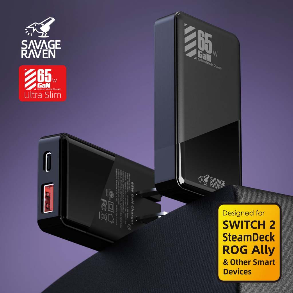 Savage Raven by Skull & Co. 65W GaN Power Adapter for Nintendo SWITCH2/Steam Deck/ROG Ally