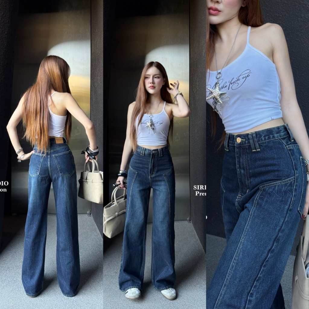 กางเกงกระบอกใหญ่เอวสูง ผ้าหนา ปักSIRINAN ไม่ยืดทรงสวยเท่