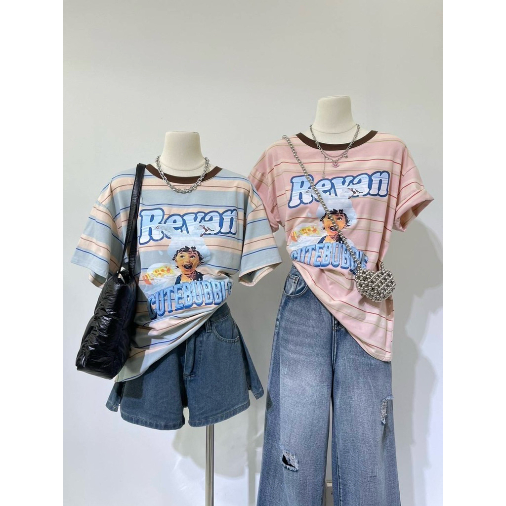 (*ใช้โค้ดลด 25% เหลือ 201.- )𝑩𝒖𝒃𝒃𝒍𝒆 𝑴𝒐𝒐𝒅 🤎 เสื้อโอเวอร์ไซต์ลายริ้วลายเด็ก