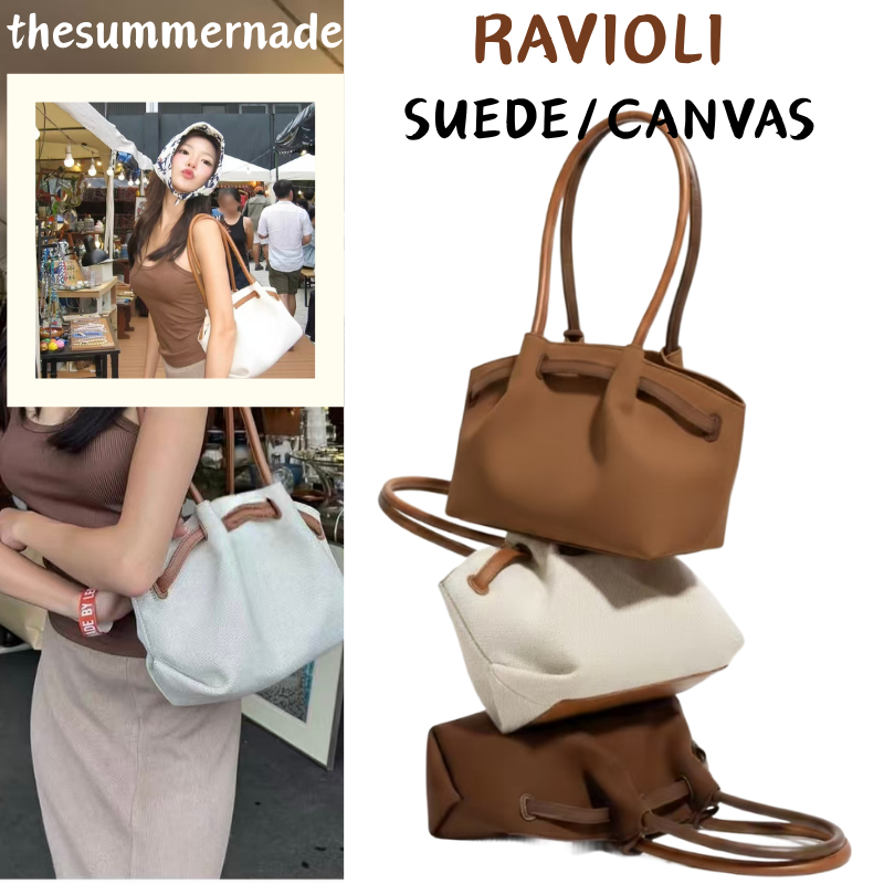 ☕Thesummernade_Bag RAVIOLI กระเป๋าสะพายข้างหนัง SUEDE/CANVAS สไตล์หนังกลับ Tote Bag