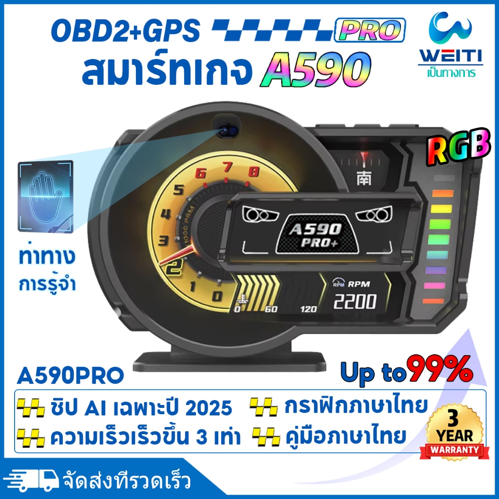 เกจดิจิตอล WEITI-A590 Pro (GPS/OBD2) - เมนูภาษาไทย ฟรี! ติดตั้งง่าย ดูข้อมูลรถแบบเรียลไทม์ Smart Gau